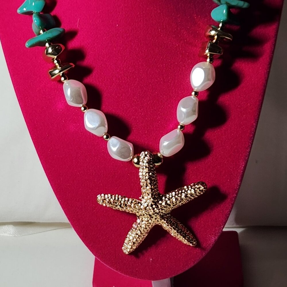 THREE FOR $20 Pretty starfish faux pearls & turquoise necklace costume NIP
